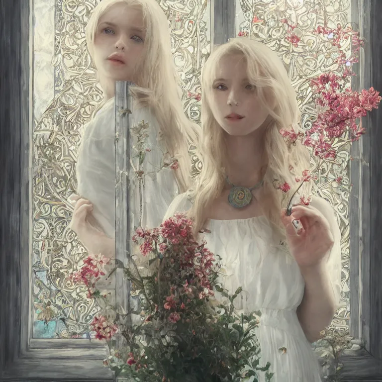 Image similar to a blonde girl in white dress in beautiful window, necklace with a fruit seed ornament, ocean eyes, light freckles, incense smoke and flowers in the background, portrait, mucha, conceptart, medium shot, unreal, octane, symmetrical, photorealism.