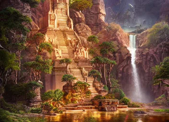 Prompt: The temple of the gods of nature, intricate details, vast open interior, amazing and tall waterfalls, dramatic lighting, digital art, trending on Artstation, dark, hyper-realistic, detailed