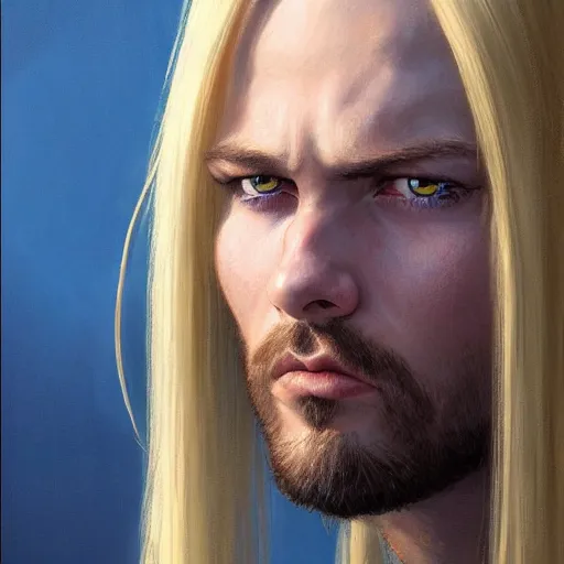 Image similar to 2 7 year old male with blue eyes and long straight blonde hair no beard as a fantasy d & d character, closeup portrait art by donato giancola and greg rutkowski, face, digital art, trending on artstation, symmetry!!