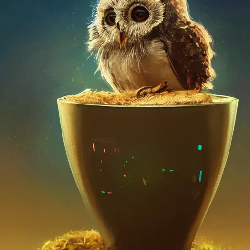 Image similar to long shot of a very cute owl chick nesting in a very futuristic cup, esao andrews, humorous illustration, hyperrealistic, big depth of field, warm colors, night scenery, low light, 3 d octane render, 4 k, conceptart, hyperdetailed, hyperrealistic, trending on artstation