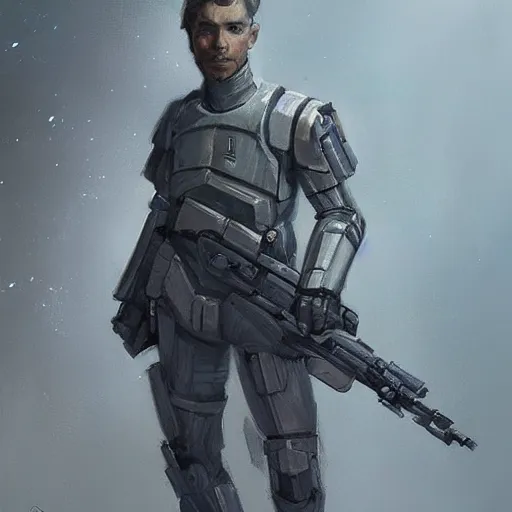 Image similar to concept art of a portrait by greg rutkowski, a soldier of the galactic dominion wearing gray and purple tactical gear, star wars expanded universe, smooth, sharp focus, artstation hq.