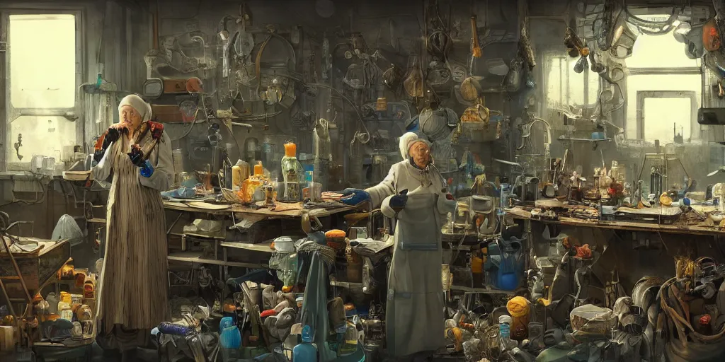 Prompt: an environmental concept art of an elderly russian woman cyberneticist in a cluttered workshop, surgical implements, surgery table, highly detailed, cinematic, dramatic, cyberpunk, dieselpunk, scifi space station, horror