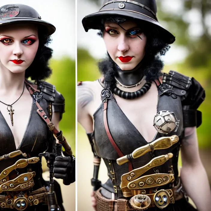 Prompt: photograph of a real - life very beautiful slim dieselpunk warrior. extremely detailed. dslr. 8 5 mm.