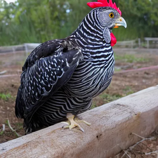 Prompt: barred Plymouth Rock chicken