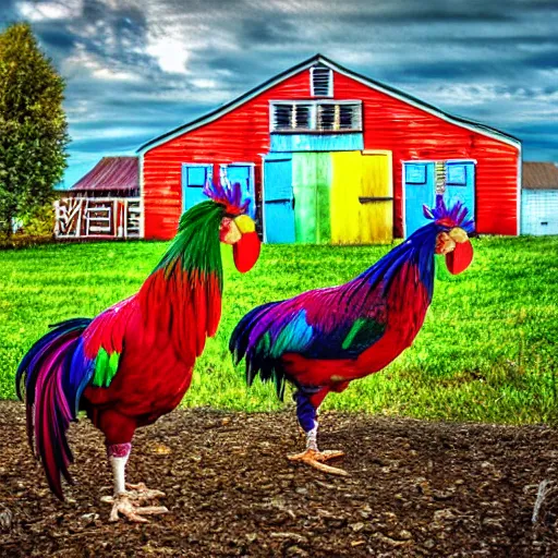 Image similar to Rainbow Roosters and Chickens Near a barn in a farm yard HDR