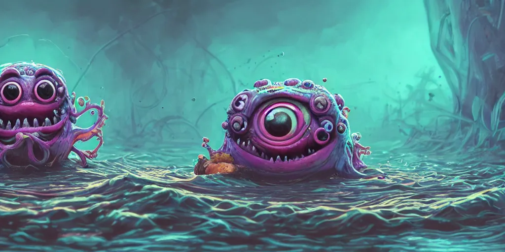Prompt: of an intricate murky colorful river with strange cute friendly happy creatures with huge eyes, long tongue, round teeth and funny face, appearing from the water, in the style of craola, macro lens, shallow depth of field, highly detailed, digital painting, trending artstation, concept art, illustration, cinematic lighting, vibrant colors, photorealism, epic, octane render