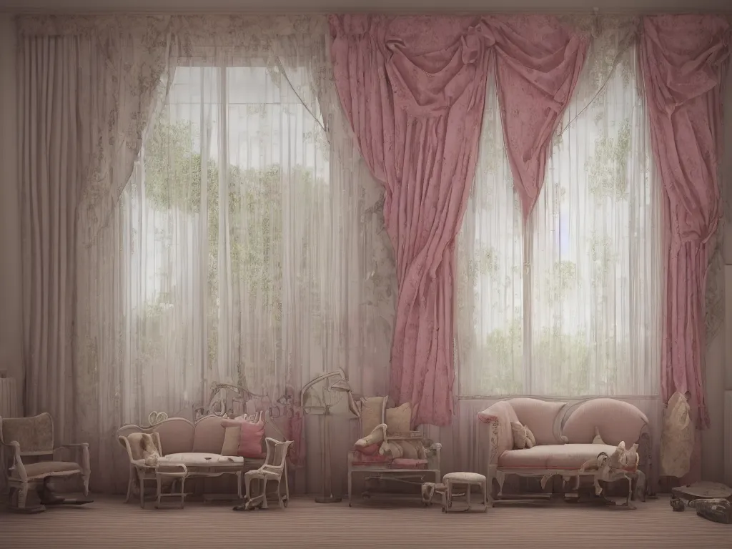 Image similar to 3D render of vintage interior house with very large curtains and toys on the floor and a rocking horse in the middle, High detail, Octane Render, faded colors, pastel colors