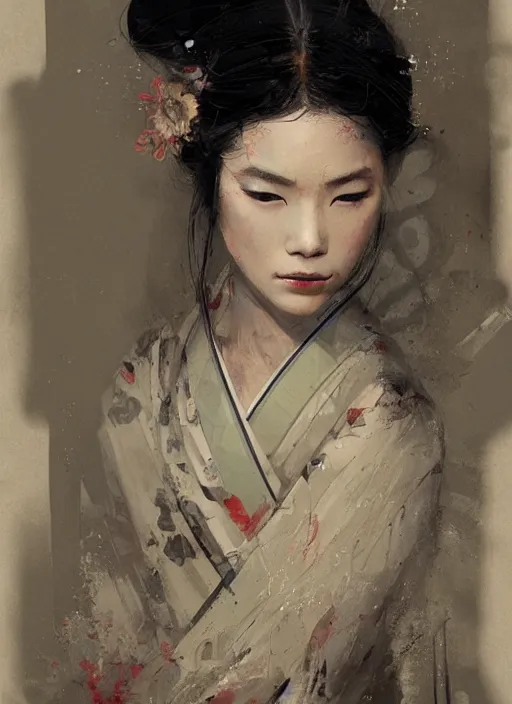 Image similar to female geisha girl, beautiful face, rule of thirds, intricate outfit, spotlight, by greg rutkowski, by jeremy mann, digital painting