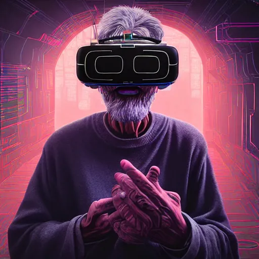 Image similar to Colour Photography of 1000 years old man with highly detailed 1000 years old face wearing higly detailed cyberpunk VR Headset designed by Josan Gonzalez Many details. Man raging screaming . In style of Josan Gonzalez and Mike Winkelmann andgreg rutkowski and alphonse muchaand Caspar David Friedrich and Stephen Hickman and James Gurney and Hiromasa Ogura. Rendered in Blender