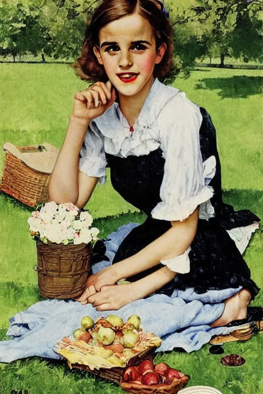 Image similar to photo photorealistic portrait photograph Emma Watson picnic in the green lawn 1950s portrait by Norman Rockwell