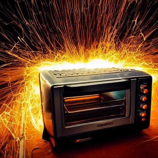 Image similar to toaster oven shangig by metallic cables, symmetry, dark messy smoke - filled cluttered workshop, dark, dramatic lighting, orange tint, sparks, cinematic, highly detailed, sci - fi, futuristic, movie still