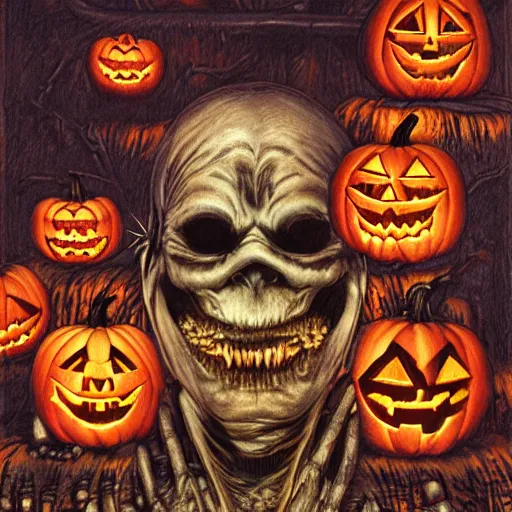 Prompt: a living jack - o'- lantern, hr giger, lovecraft, fauvism, cyberpunk, junji ito, bernie wrightson, masterpiece, stunning, horror, 8 k, highly detailed, symmetrical, unreal engine