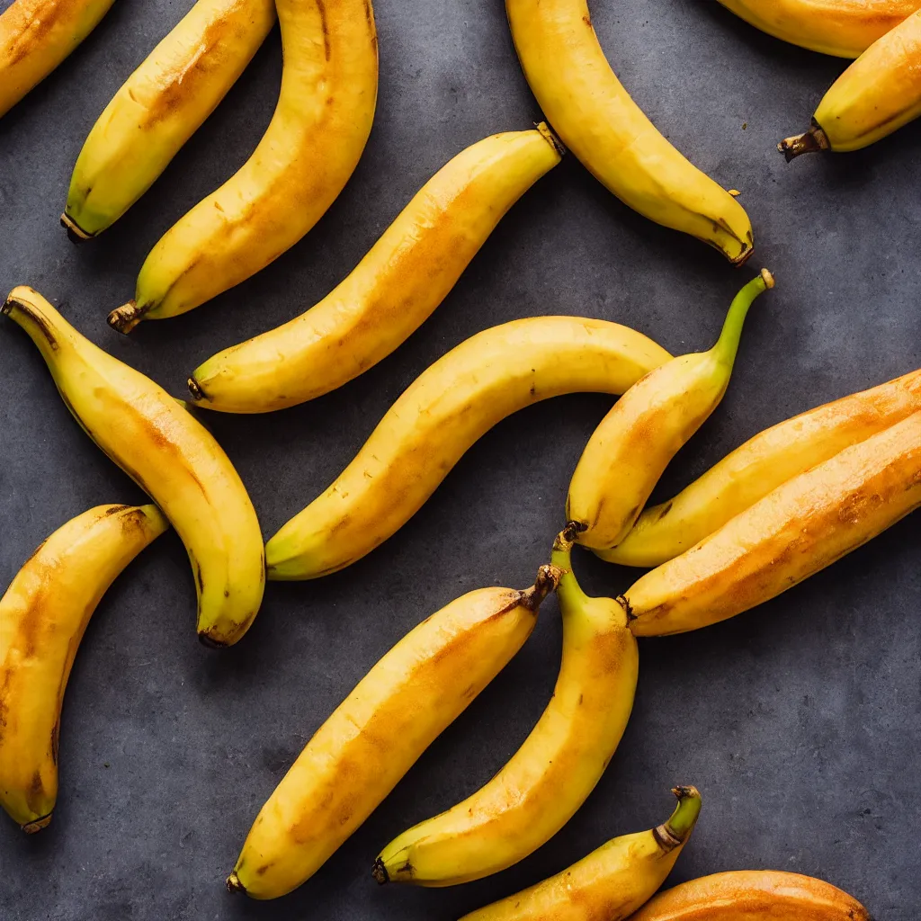 Image similar to long ripe bananas with orange skin, closeup, hyper real, food photography, high quality