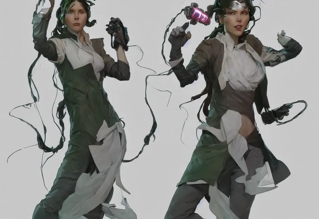 Prompt: a full body character design by artgerm, cushart krenz, greg rutkowski and alphonse mucha. mad scientist woman lab coat!! green plasma laser gun!! cyborg limbs!! sharp edges. ultra clear detailed. 8 k. ultra detailed, elegant, intricate, octane render.