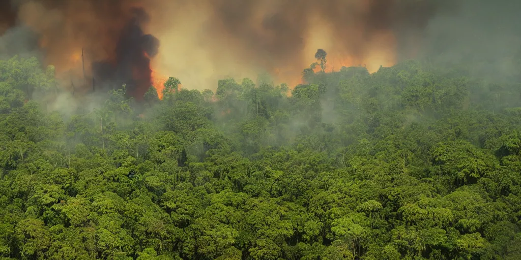 Image similar to amazon forest burning, apocalyptic, very detailed, wide - angle lens, digital art.