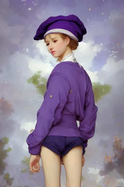 Image similar to Full View girl with short blond hair wearing an oversized purple Beret, Baggy Purple overall shorts, Short Puffy pants made of silk, silk shoes, a big billowy scarf, Golden Ribbon, and white leggings Covered in stars. Short Hair. masterpiece 4k digital illustration by Ruan Jia and Mandy Jurgens and Artgerm and william-adolphe bouguereau, award winning, Artstation, art nouveau aesthetic, Alphonse Mucha background, intricate details, realistic, panoramic view, Hyperdetailed, 8k resolution, intricate art nouveau