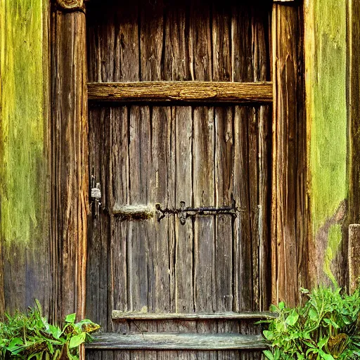 Prompt: Ornate Wooden Door at the entrance of the Elven Dwelling, impressionistic painting