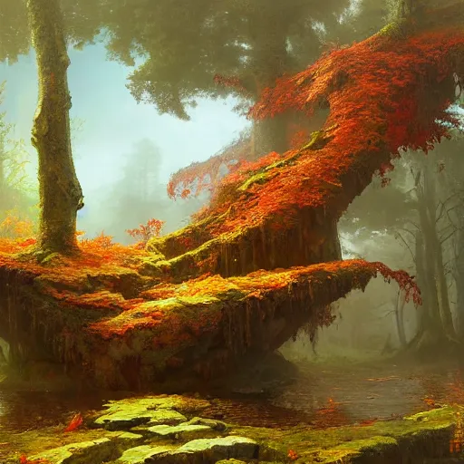 Image similar to overgrown sunken giant copper statue in the autumn forest, fantasy concept art by tyler edlin, antoine blanchard, thomas cole