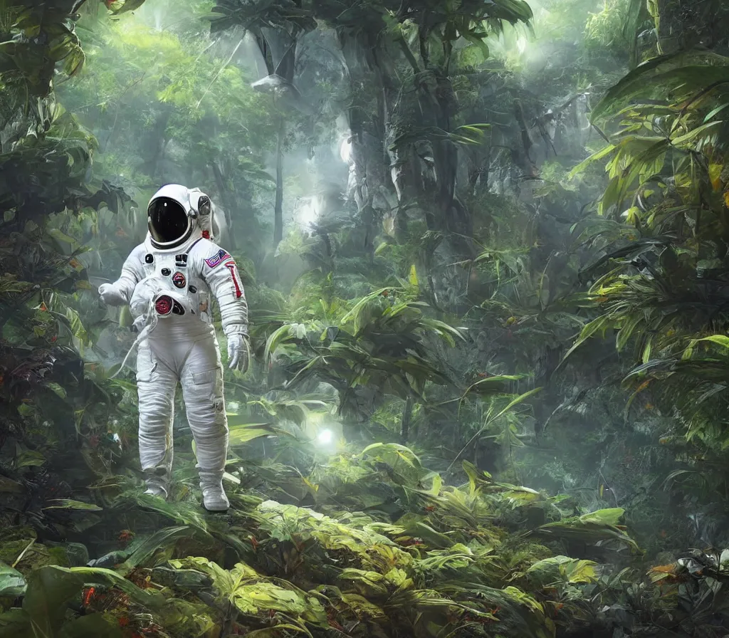 Image similar to modern scifi astronaut dressed in white suit is walking on the ground of a colorful tropical forest, dinosaurs in forest, style by blizzard concept artists