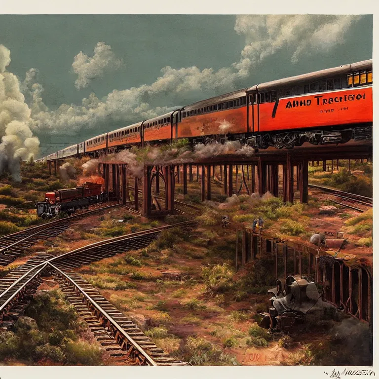 Image similar to a painting of a train going down the tracks, a matte painting by John Matson, deviantart, american scene painting, matte drawing, matte painting, storybook illustration