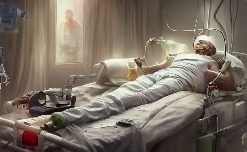 Image similar to hyperrealistic painting of very ill Vladimir Putin as a patient wearing an oxygen mask on a death bed inhaling from Copium tank that stand near his bed, artstation, matte painting, highly detailed, intricate, concept art, game art, octane render, 8k, unreal engine