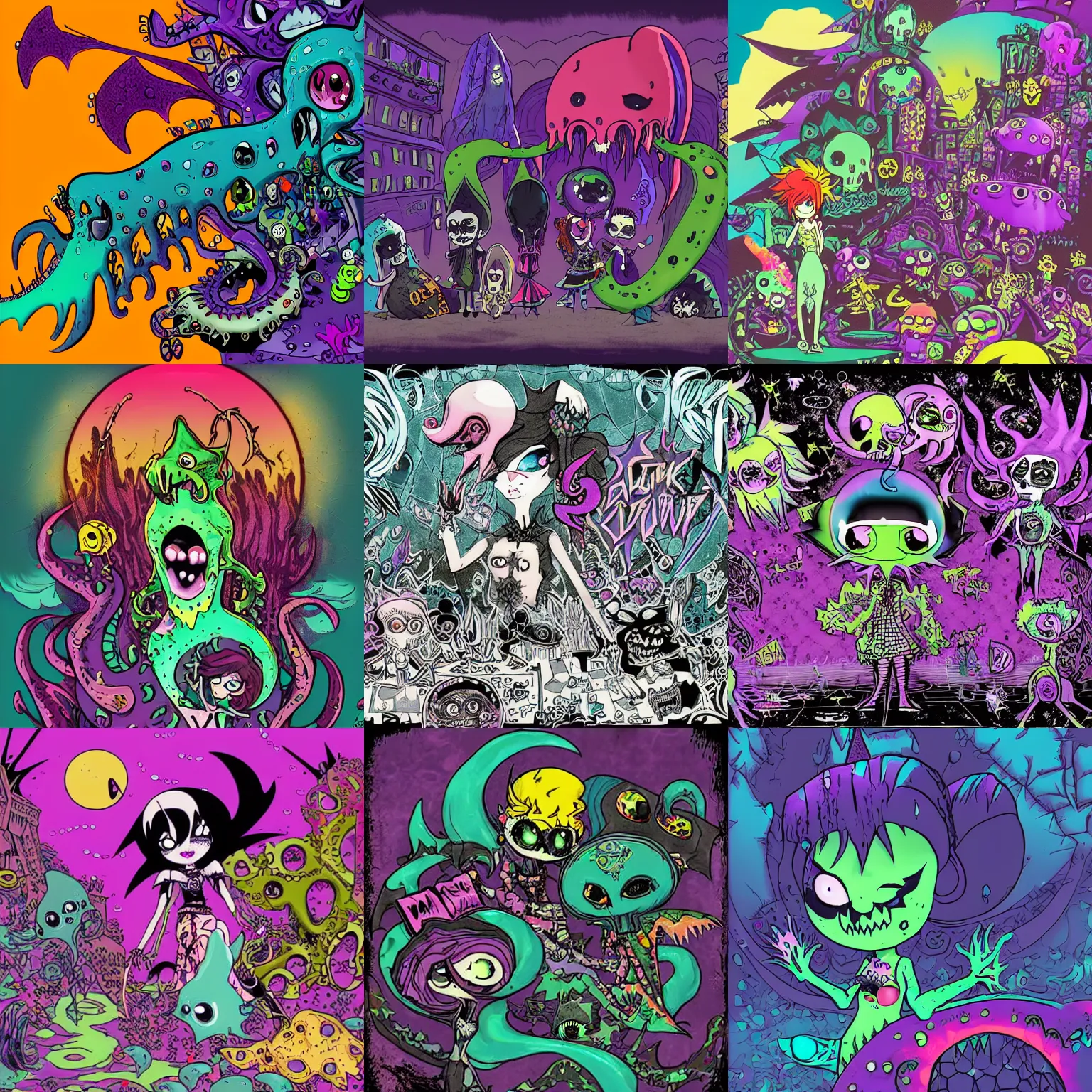 Prompt: lisa frank gothic punk vampiric rockstar vampire squid dark ocean abyss with a crowded town at the center concept art designs of various shapes and sizes by genndy tartakovsky and the creators of fret nice at pieces interactive and splatoon by nintendo and the psychonauts by doublefine tim shafer artists for background art on the new hotel transylvania film starring a vampire squid kraken monster