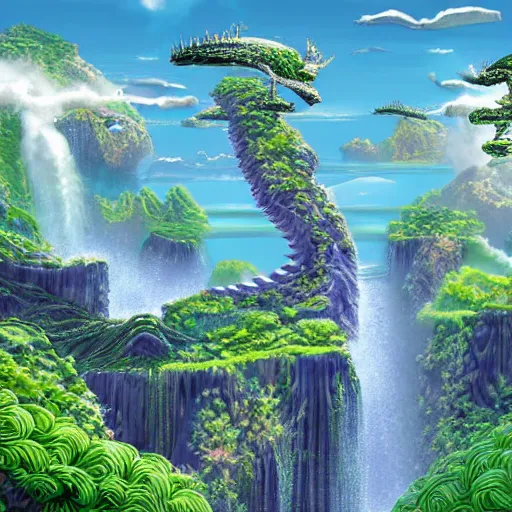 Image similar to islands floating in the sky with waterfalls and dragons, digital art, aesthetic, astonishing detail