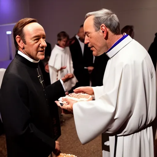Image similar to kevin spacey dressed up as a catholic priest, giving out communion to people