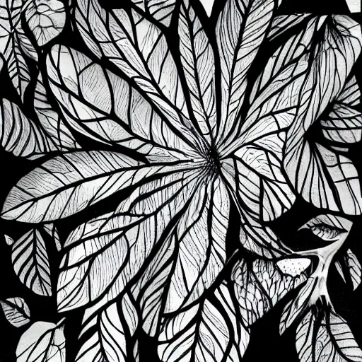 Image similar to fly, black and white, botanical illustration, black ink on white paper, bold lines