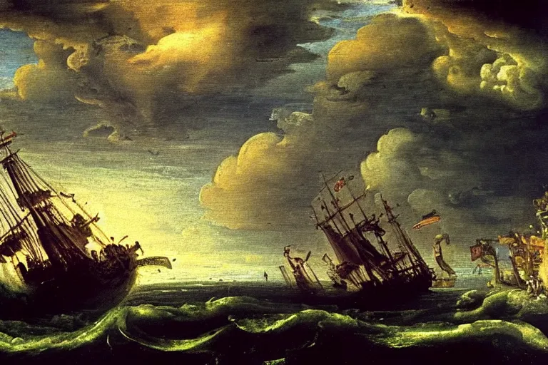 Image similar to A Kraken attacks a ship, Claude Lorrain (1648), oil on canvas, detailed brushstrokes