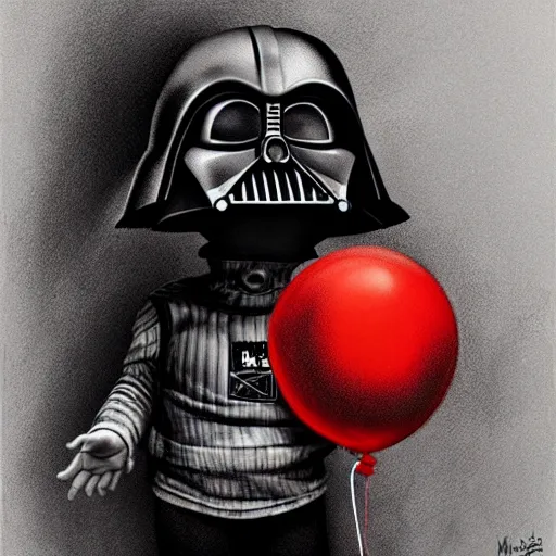 Image similar to surrealism grunge cartoon portrait sketch of death vader with a wide smile and a red balloon by - michael karcz, loony toons style, chucky style, horror theme, detailed, elegant, intricate