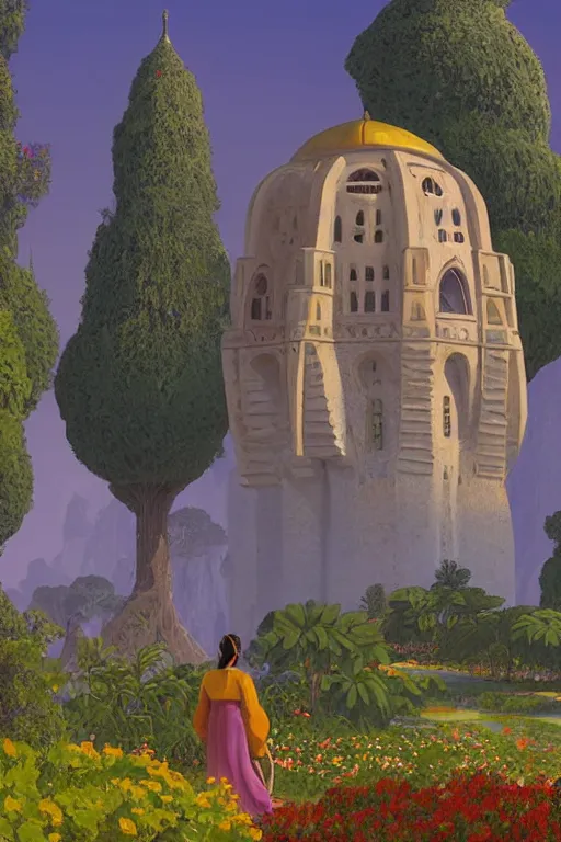 Prompt: distance view of the painted tower of the moon in its gardens fairytale illustration, tall windows, beautiful tilework, dramatic cinematic lighting, rich colors, golden age illustration, by Ludwig Deutsch and Nicholas Roerich and Sylvain Sarrailh and April Gornik ,unreal engine