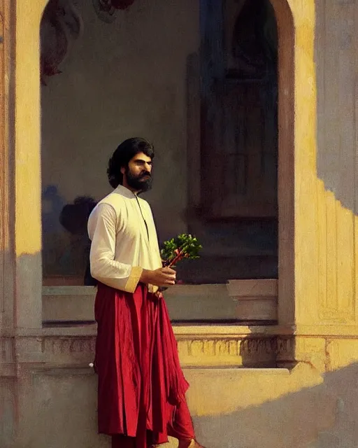 Image similar to a guy in a kurta waiting for his love to come, holding flowers, art by greg rutkowski, gustave courbet, rosa bonheur, edward hopper. faithfully depicted facial expression, perfect anatomy, sharp focus, global illumination, radiant light, detailed and intricate environment, trending on artstation