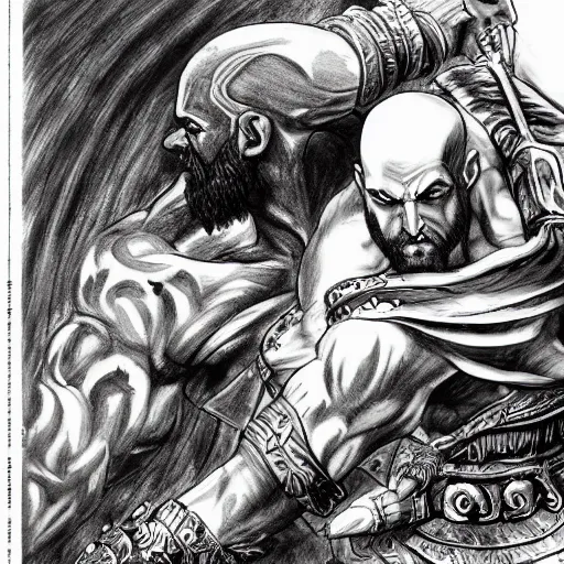 Image similar to god of war, kratos, fight scene still, manga, detailed drawing, featured on pixiv, gothic art, official art, by kentaro miura