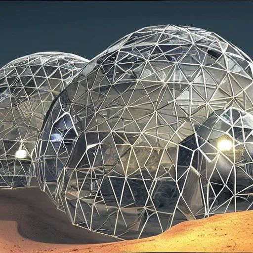 Prompt: a realistic photo of a futuristic moonbase with geodesic domes and moon buggies