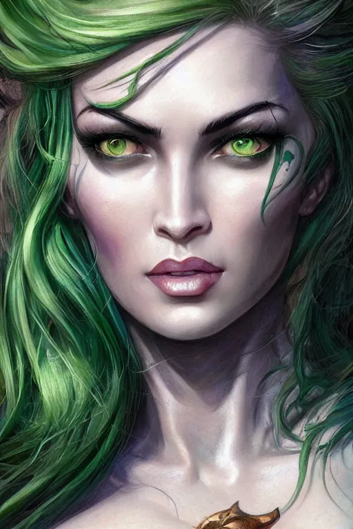 Image similar to closeup portrait shot of green hair tattooed pinup megan fox, rogue bard, dnd, highly detailed, digital painting, artstation, concept art, soft focus, depth of field, artgerm, tomasz alen kopera, peter mohrbacher, donato giancola, wlop, boris vallejo