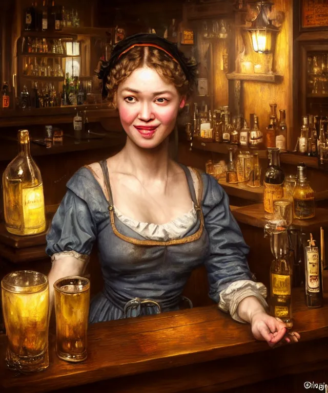 Image similar to hyperrealistic mixed media painting of a beautiful smiling charismatic barmaid, dimly lit cozy tavern, relaxed pose, medieval period, stunning 3d render inspired art by Tim Okamura + perfect facial symmetry + dim volumetric lighting, 8k octane beautifully detailed render, post-processing, extremely hyperdetailed, intricate, epic composition, grim yet sparkling atmosphere, cinematic lighting + masterpiece, trending on artstation, very very detailed, masterpiece, stunning, lifelike, photorealistic, art by John Collier and Albert Aublet and Krenz Cushart and Artem Demura and Alphonse Mucha