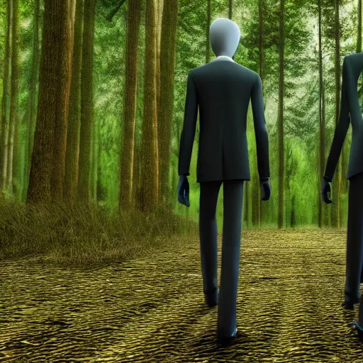 Prompt: slenderman and sirenhead walking through the forest, ultra realistic render,