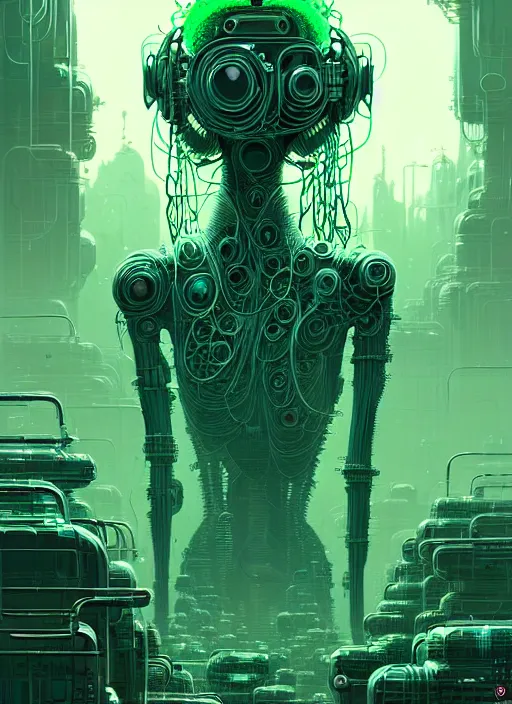 Prompt: highly detailed portrait of a biopunk long curly white hair tribal lady, stray wiring by atey ghailan, james gilleard, by joe fenton, by greg rutkowski, by greg tocchini, by kaethe butcher, 4 k resolution, gradient green, black and white color scheme!!! ( ( green slime robotic dystopian city background ) )