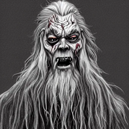Image similar to zombie gandalf, gritty, veins, horror drawing, very detailed, intricate, trending on artstation