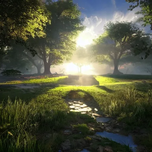 Image similar to long square!!!!, heaven, god rays, ray tracing, unreal engine, hyper realistic, fantastic art, highly detailed