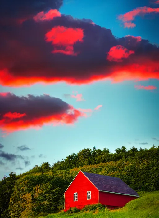 Image similar to red mountain ash, green fence, wooden house, village, clouds in the sky, sunset, summer