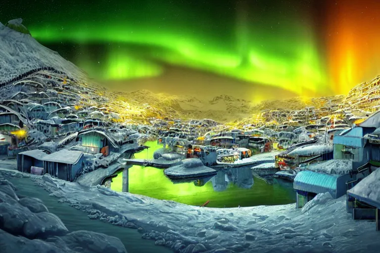 Image similar to favela winding cybernetic thrill ride, snowy arctic environment, blooms, industrial factory, bright, aurora borealis, award winning art, epic dreamlike fantasy landscape, ultra realistic,