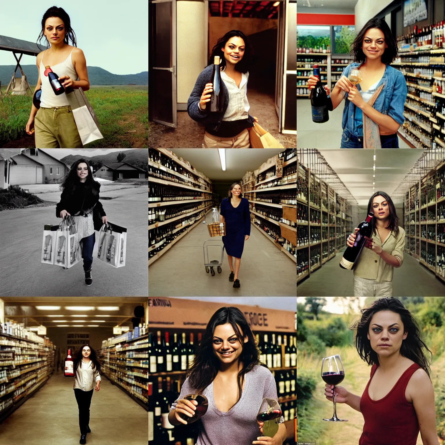 Image similar to face portrait of laughing Mila Kunis walking out of the grocery store holding bottles of wine, Gregory Crewdson, Joel Sternfeld