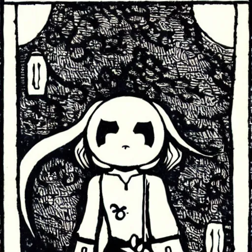 Image similar to Kyubey from Madoka Magica in the style of Japanese and European woodcuts