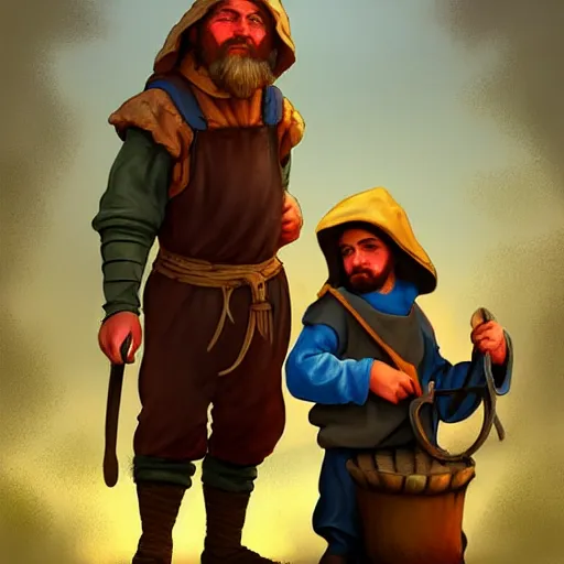 Prompt: medieval peasant boy and blacksmith, artstation, fantasy