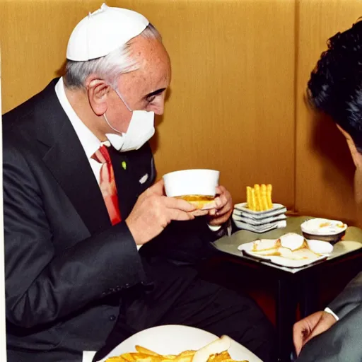 Prompt: the pope eating mc donalds with shinzo abe, photo by slim aarons, award winning