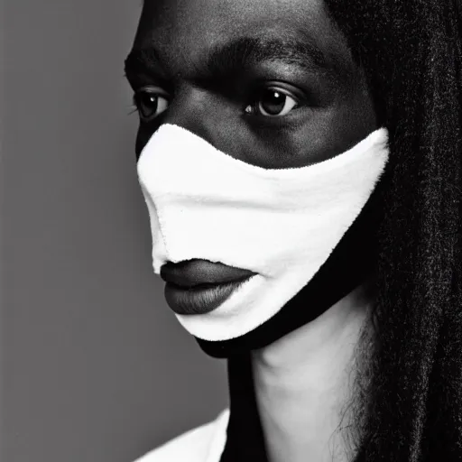 Image similar to realistic photoshooting for a new balenciaga lookbook, color film photography, portrait of a beautiful woman, model is wearing a balaclava mask, in style of tyler mitchell, 3 5 mm,