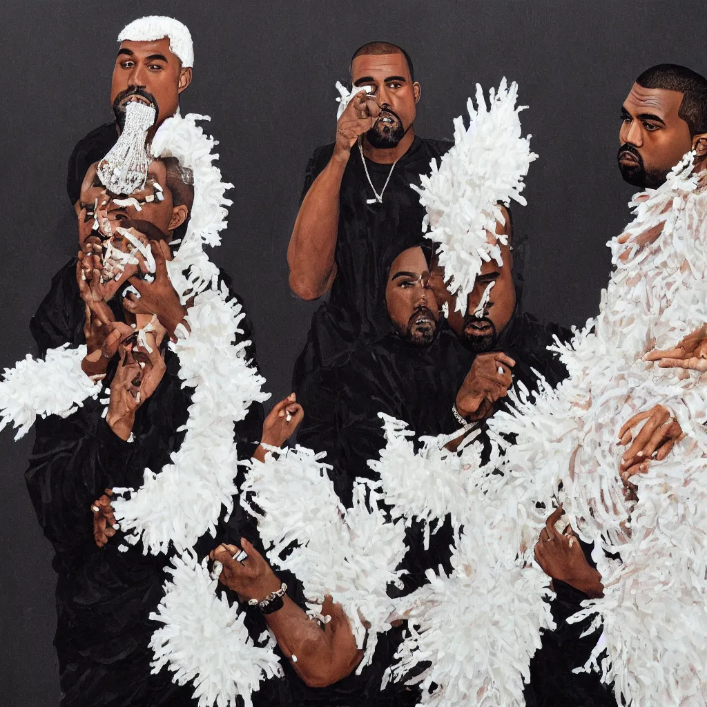 Image similar to kanye west and lil naz x making various facial expressions _ with _ a _ decorated _ dress _ made _ of _ white _ pearls _ and _ white _ plumes _ of _ swan _ highly _ detailed _ digital _ painting