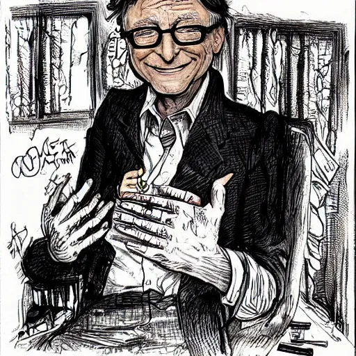 Image similar to bill gates holding a vaccine in his hand, Body horror, by Ralph Steadman